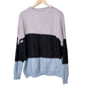 Womens Colorblock Knit Sweater Crew Neck Long Sleeve Cozy Loose Fit